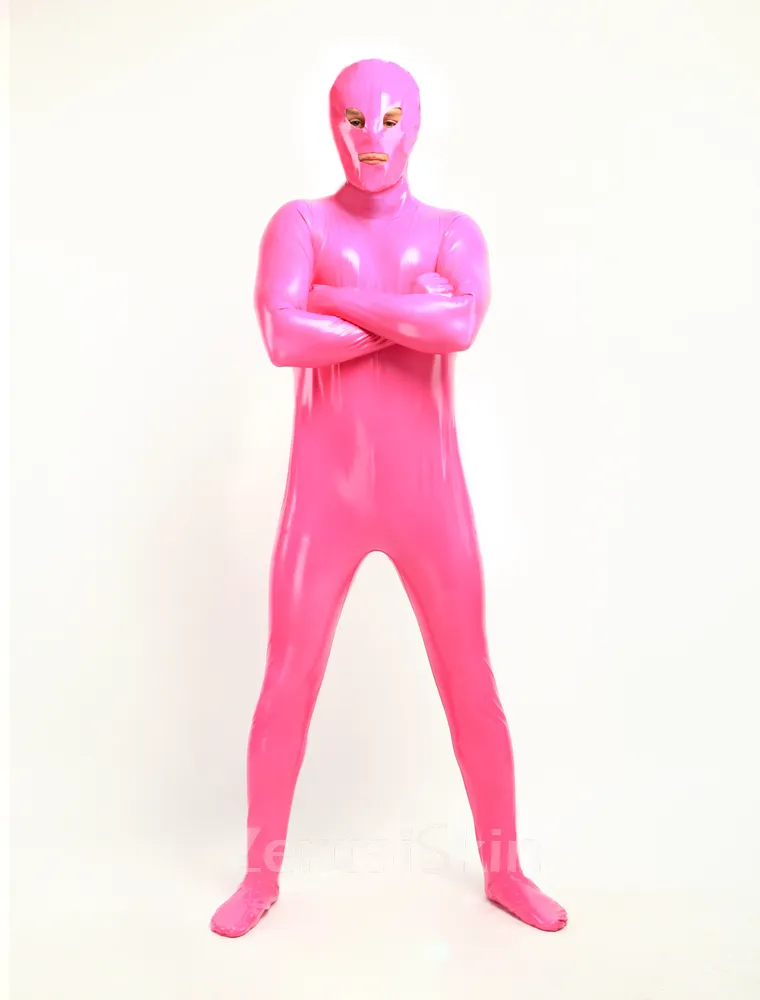 Unisex Open Mouth Eyes Pink Skinsuit Wetlook Unitard PVC Catsuit Zentai Second-skin Clothing
