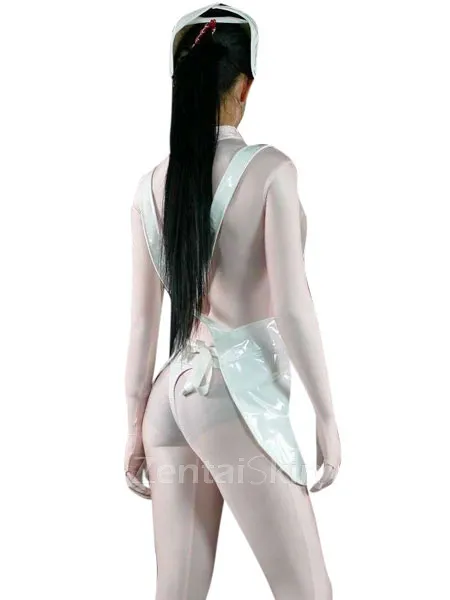 Role-playing White Red Wetlook PVC Nurse Catsuit Second-skin Clothing Wetlook PVC Dress