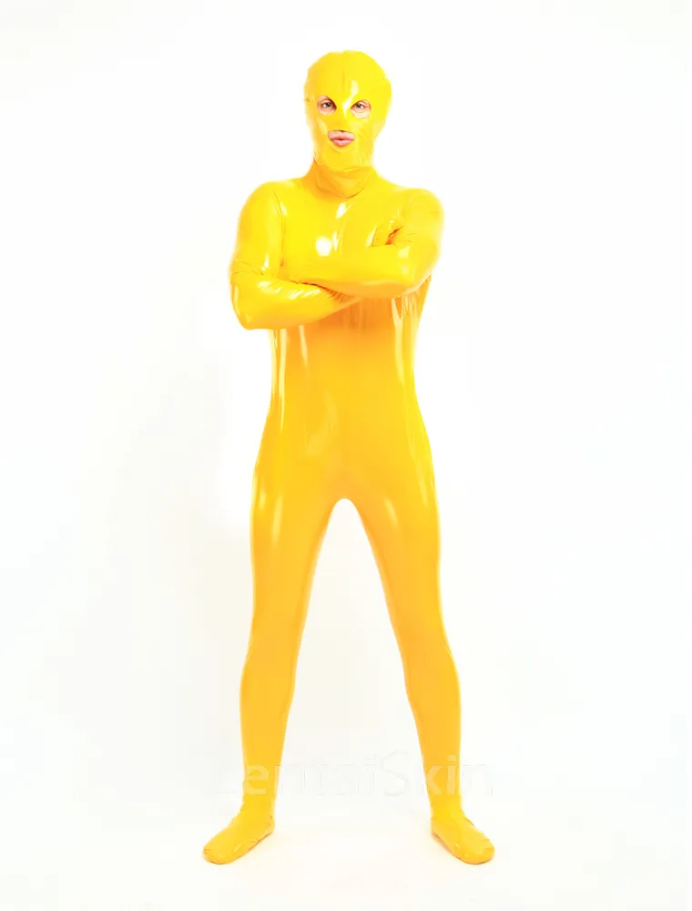 Latex Look Yellow Unisex Open Eyes Open Mouth Skinsuit Wetlook Unitard PVC Catsuit Zentai Second-skin Clothing