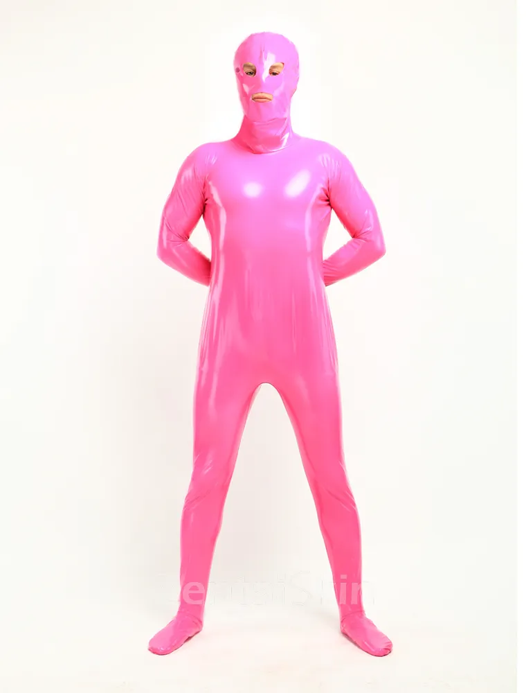 Unisex Open Mouth Eyes Pink Skinsuit Wetlook Unitard PVC Catsuit Zentai Second-skin Clothing
