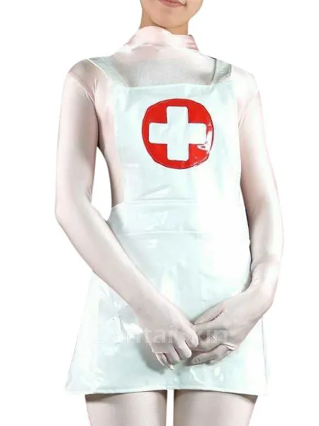 Role-playing White Red Wetlook PVC Nurse Catsuit Second-skin Clothing Wetlook PVC Dress