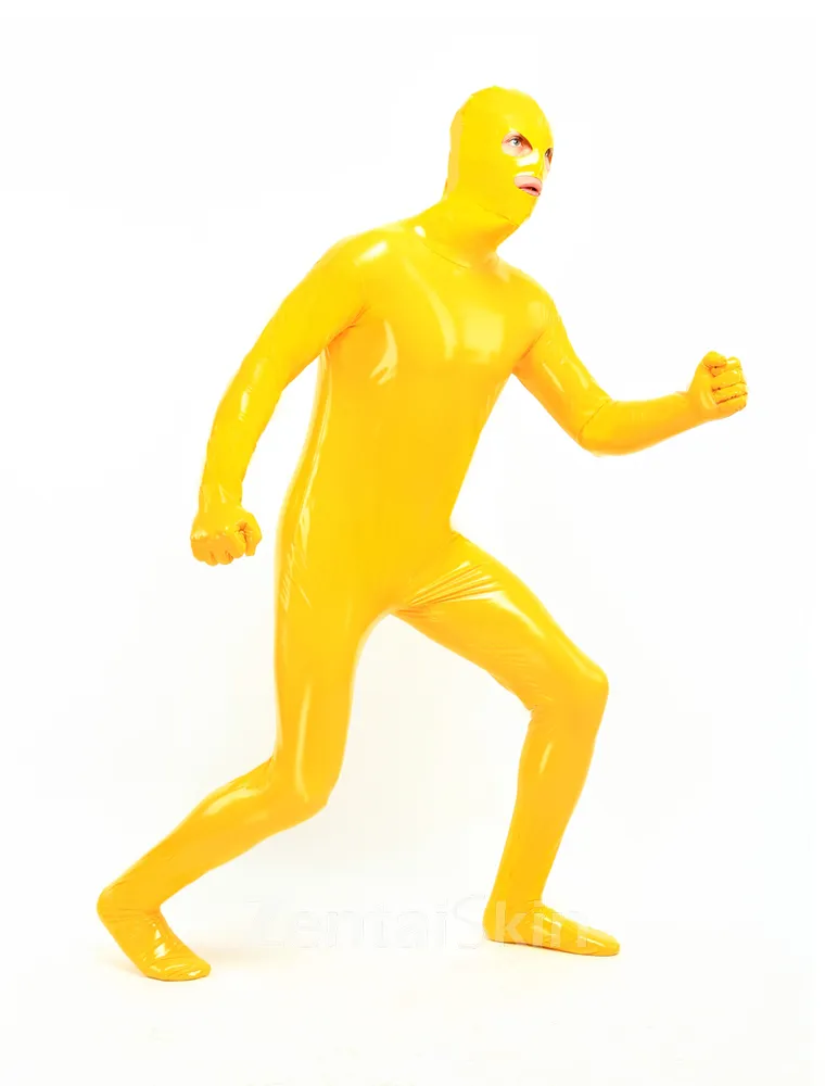 Latex Look Yellow Unisex Open Eyes Open Mouth Skinsuit Wetlook Unitard PVC Catsuit Zentai Second-skin Clothing