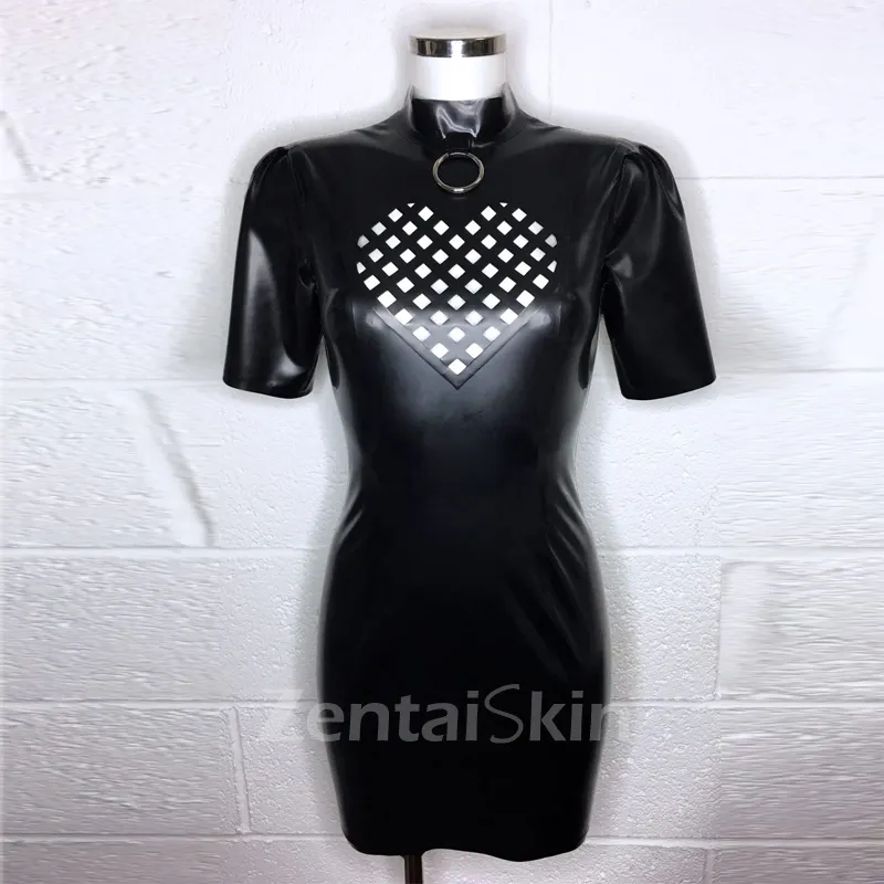 Second Skin Natural Latex Heart-shaped Grid Short Sleeves High Stretch Wet Look Shiny Black Wrap Hips Latex Dress