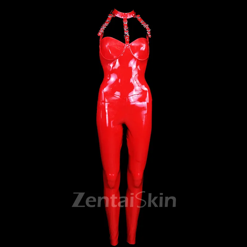 Second Skin Nature Latex Tight Sexy One-piece Red Halterneck Rivet Women Latex Jumpsuits