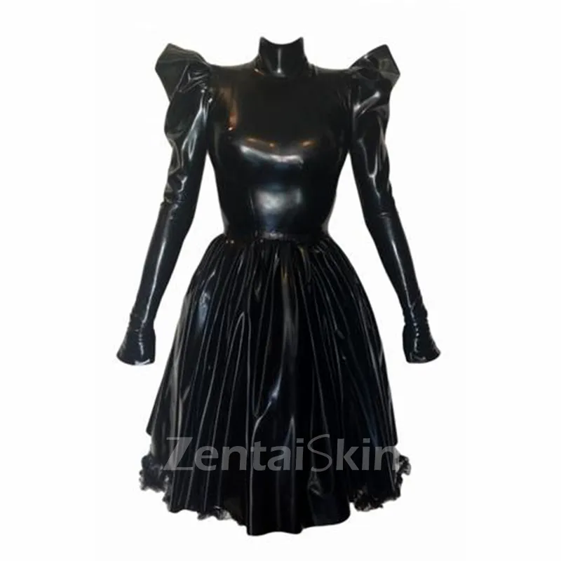 Second Skin Women Nature Latex Dress Wrapped Hip Pleated High Stretch High Neck Sexy Long-sleeved Dresses