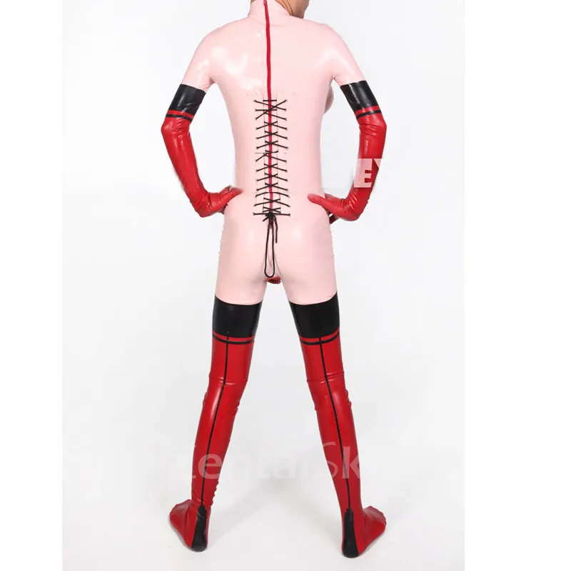 Second Skin Fetish No Zipper Pinktight Latex Clothes Women 3D Bust Latex Catsuit