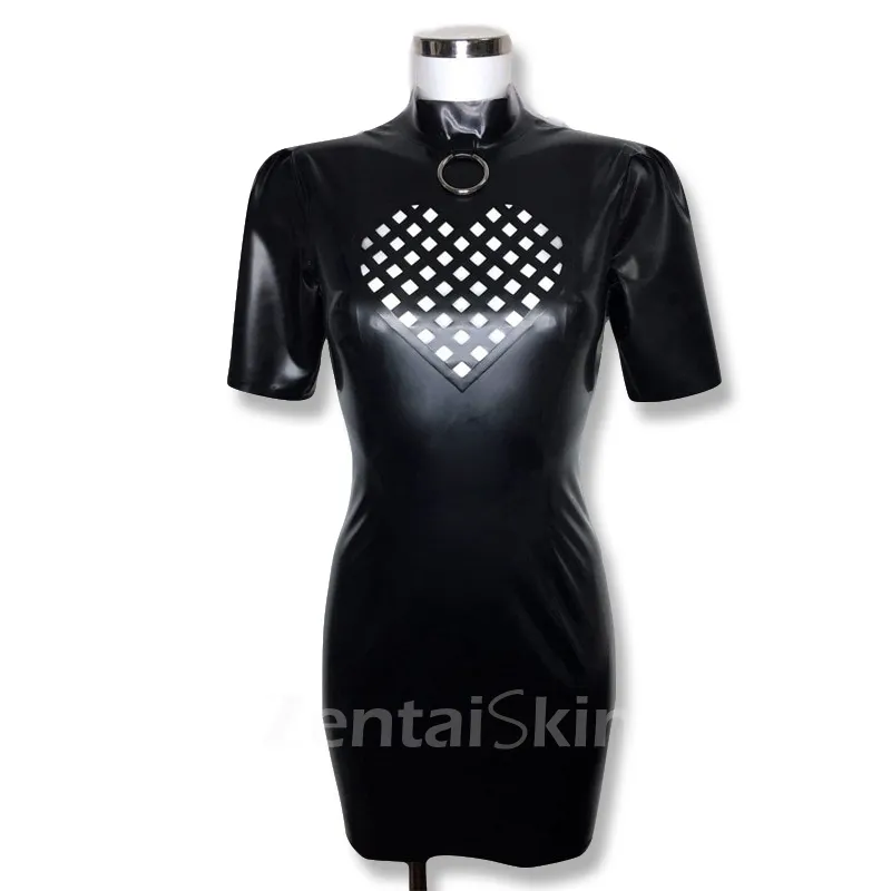 Second Skin Natural Latex Heart-shaped Grid Short Sleeves High Stretch Wet Look Shiny Black Wrap Hips Latex Dress