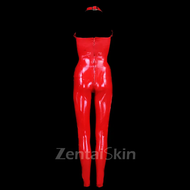 Second Skin Nature Latex Tight Sexy One-piece Red Halterneck Rivet Women Latex Jumpsuits
