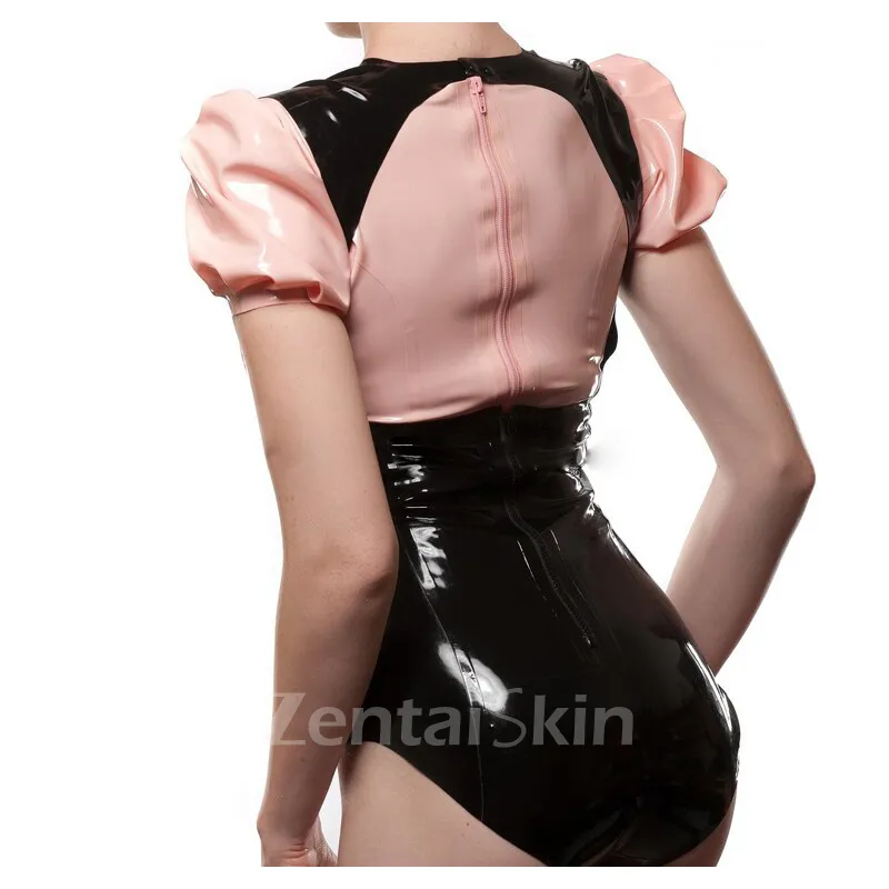 Second Skin Fetish Clothing One-piece Tight Cross-dresser Color-block Latex Puff Sleeve Bodysuit