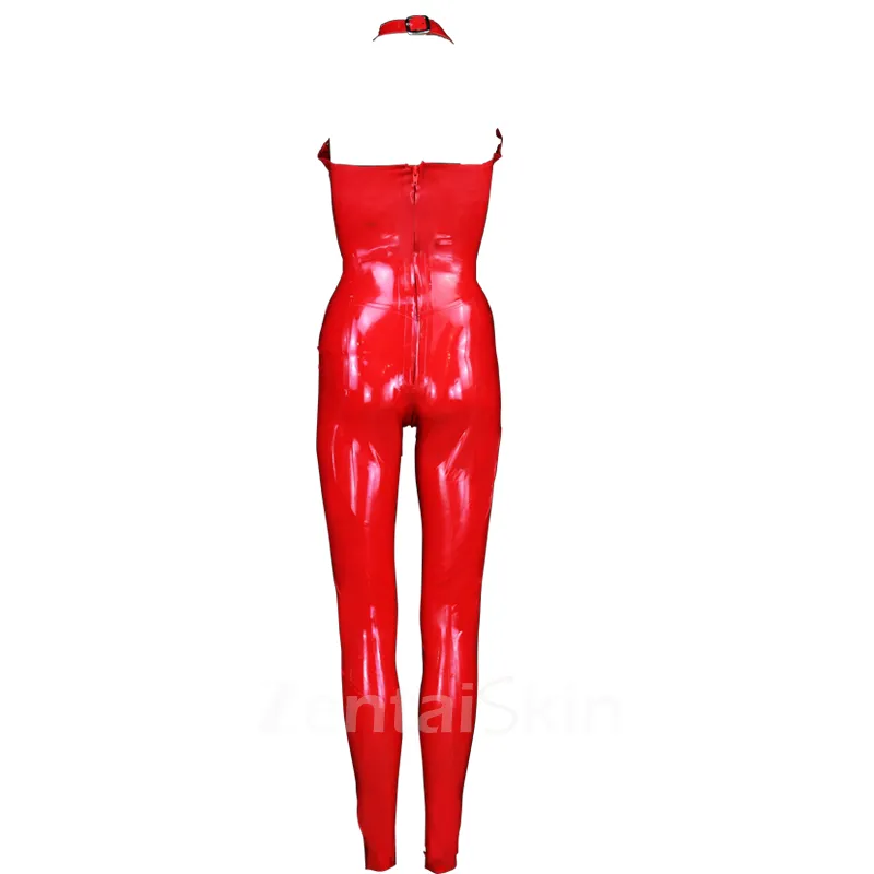 Second Skin Nature Latex Tight Sexy One-piece Red Halterneck Rivet Women Latex Jumpsuits