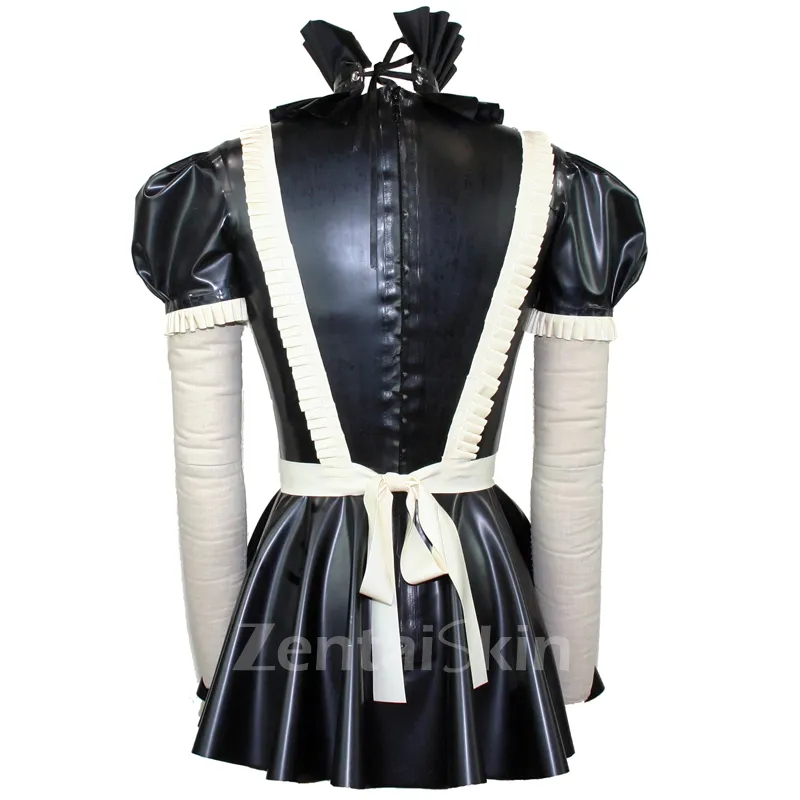 Second Skin Sexy Natural Latex Dress Women Red Maid Dresses Short Dress Pseudonym Crossdressing Latex Dresses