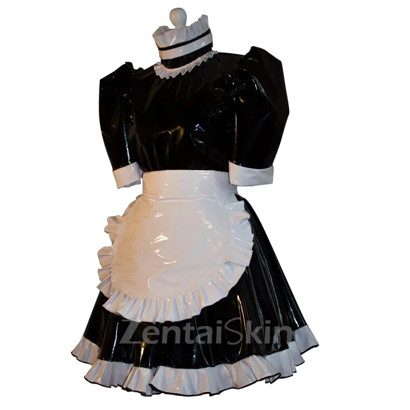 Second Skin Women Natural Latex Dress Sexy Maid Dresses Short Sleeves Dress