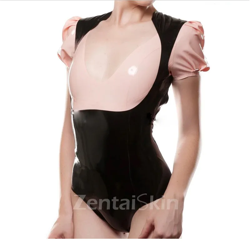 Second Skin Fetish Clothing One-piece Tight Cross-dresser Color-block Latex Puff Sleeve Bodysuit