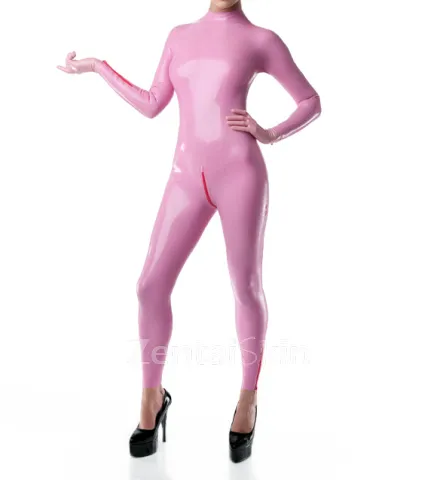 Second Skin Fetish Latex Clothing Female Sexy Pink Lady Back Zip Latex Catsuit without Hood Customize for Women