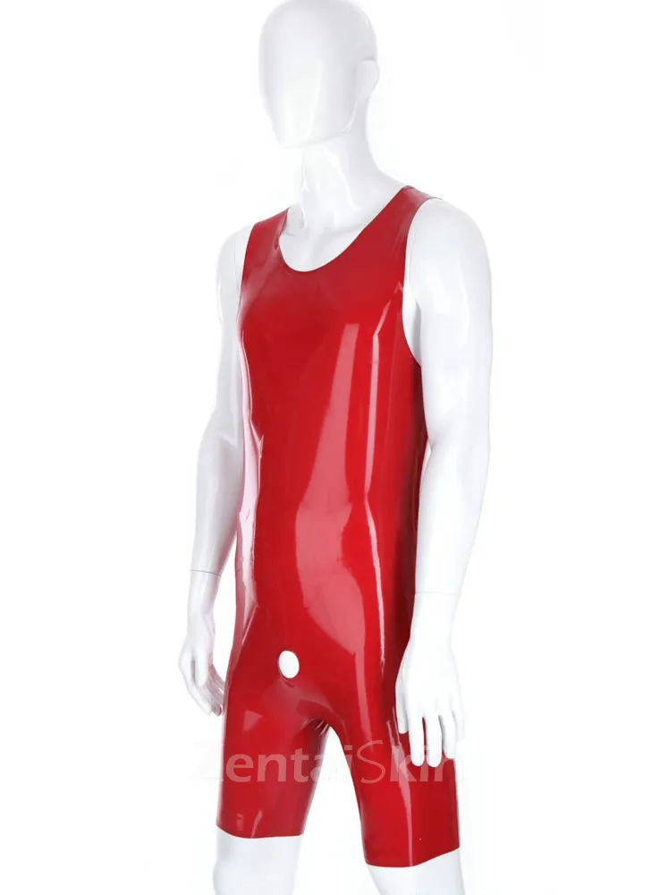 Men Latex Sportswear Second Skin Fetish Clothing Open Crotch Half Pants No Zip Sleeveless Latex Body Suits