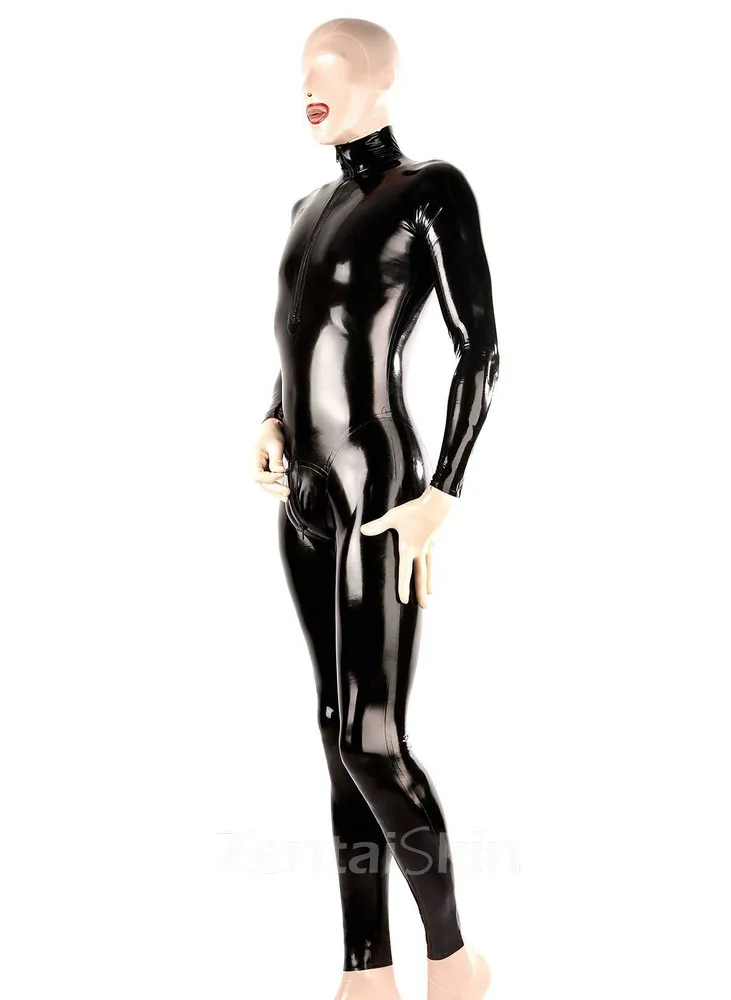 Black Latex Fetish Catsuit Second Skin Jumpsuit Front Zip Crotch Zip Latex Catsuit without Hood