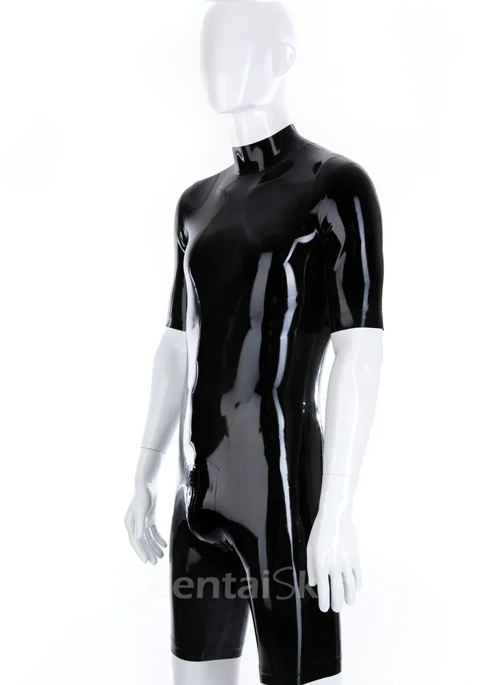Sexy Second Skin Fetish Latex Clothing Half Sleeve Latex Catsuit Half Pants Black Tight Clothing Athletic Bodysuit