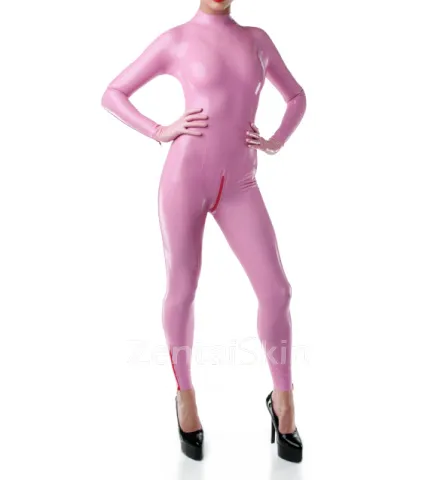 Second Skin Fetish Latex Clothing Female Sexy Pink Lady Back Zip Latex Catsuit without Hood Customize for Women