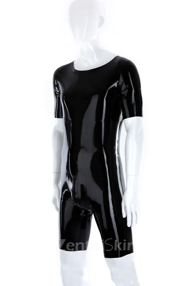 Athletic Wear Second Skin Fetish Latex Clothing Half Sleeve Bodysuits O-neck Half Pants Tight Clothing Black Jumpsuit Latex Body Suits