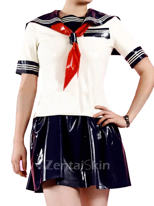 Latex Sailor Suit with Skirt Shorts Japanese JK Uniform Second Skin Latex Clothing with Red Scarf