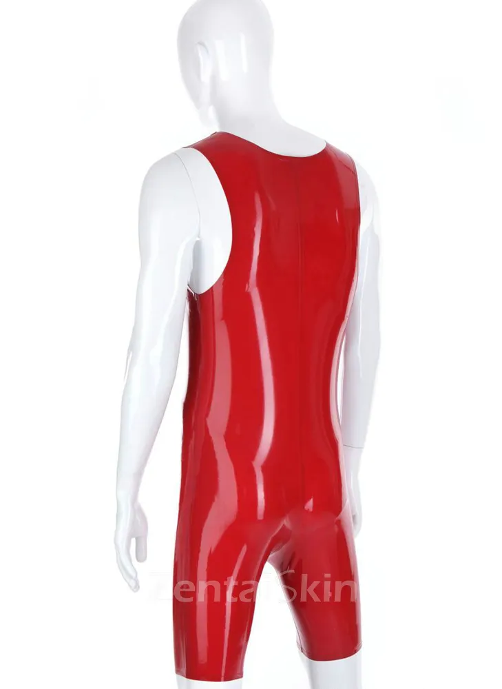 Men Latex Sportswear Second Skin Fetish Clothing Open Crotch Half Pants No Zip Sleeveless Latex Body Suits