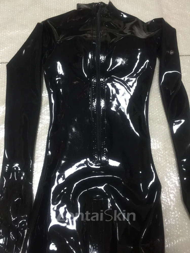 Black Fetish Latex Catsuit Back Zip Toe Socks Rubber Bodysuits Second Skin Full Body Catsuit with Five Finger Socks 3D Breast