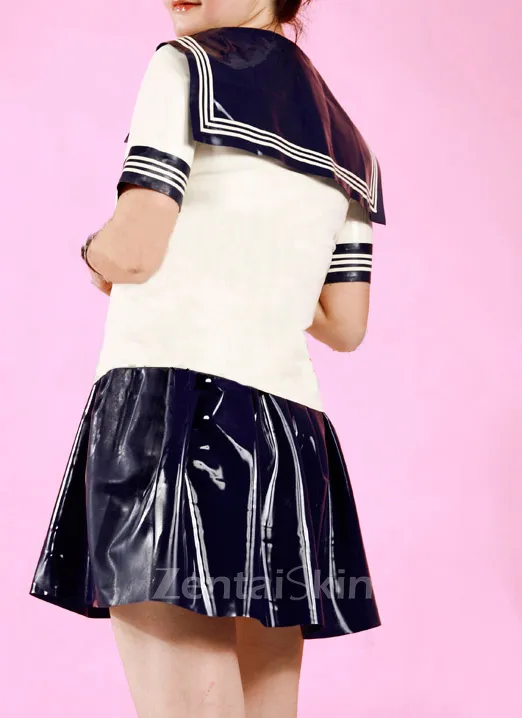 Latex Sailor Suit with Skirt Shorts Japanese JK Uniform Second Skin Latex Clothing with Red Scarf