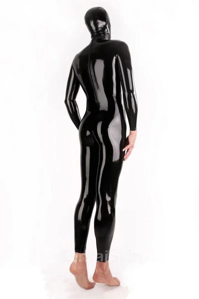Second Skin Fetish Clothing Black Latex Catsuit Open Mouth Hood Back Zip Jumsuit Handmade