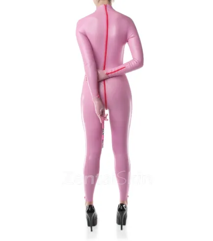 Second Skin Fetish Latex Clothing Female Sexy Pink Lady Back Zip Latex Catsuit without Hood Customize for Women