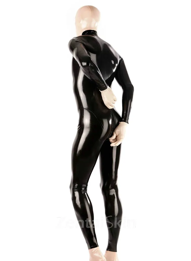 Black Latex Fetish Catsuit Second Skin Jumpsuit Front Zip Crotch Zip Latex Catsuit without Hood