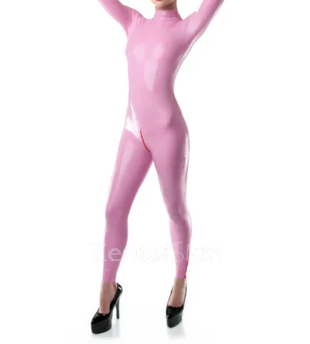Second Skin Fetish Latex Clothing Female Sexy Pink Lady Back Zip Latex Catsuit without Hood Customize for Women