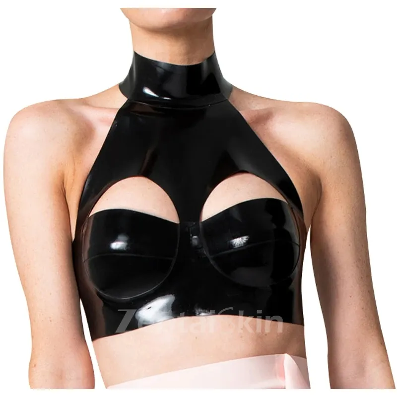 Natural Latex Clothing Crop Top Open Holes Back Buttons Black Second Skin Bra Lingerie Customize for Women