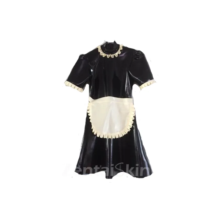 Second Skin Fetish Latex Clothing Second Skin Black Uniforms White Neck Lace Maid Dress with White Apron