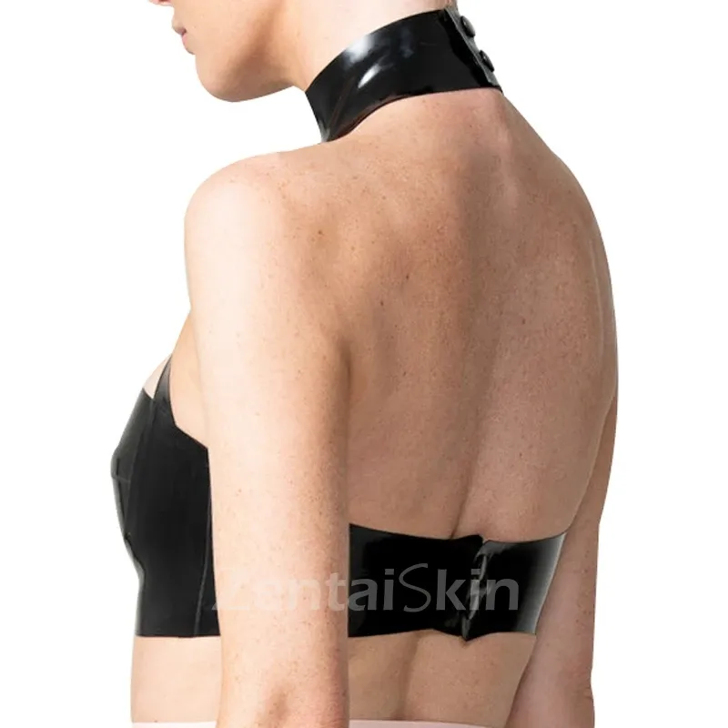 Natural Latex Clothing Crop Top Open Holes Back Buttons Black Second Skin Bra Lingerie Customize for Women