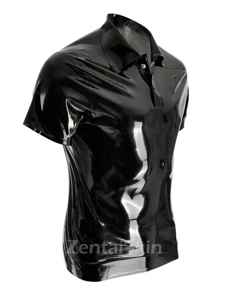 Second Skin Fetish Latex Clothing Classic Latex Short Sleeves Lapel Uniform Male Maid Costume Latex Shirt Handmade