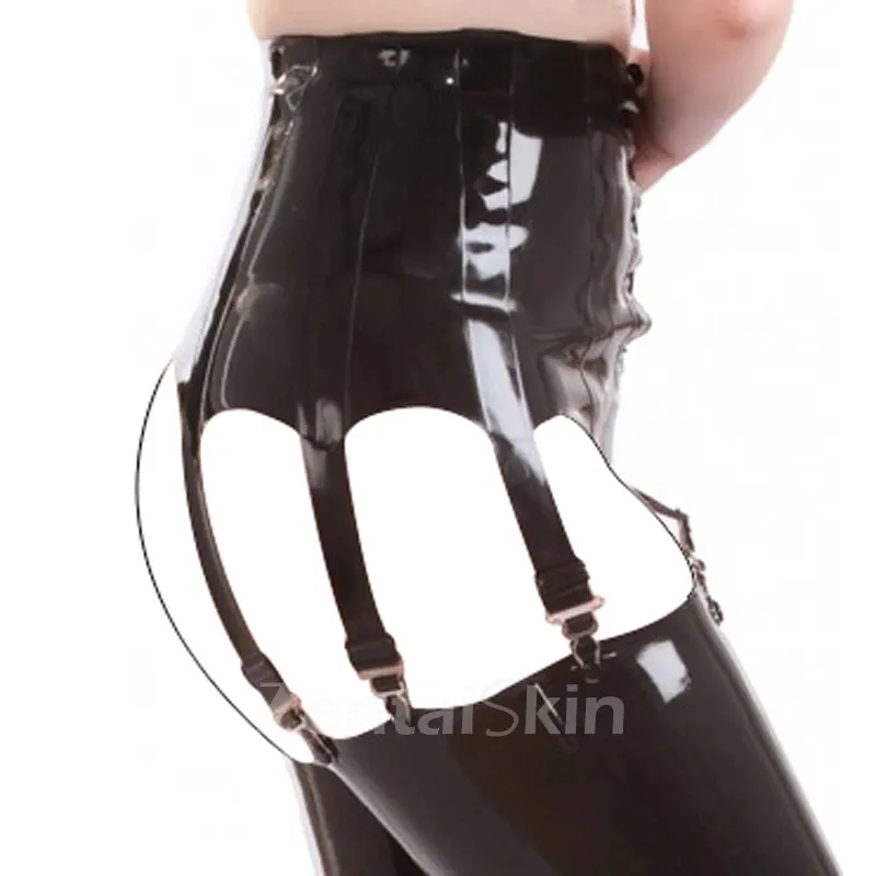 Second Skin Natural Latex Bottoms Black Sexy Mini Skirts with Garters Front Open-hole Lacing Clips Latex Bottoms
