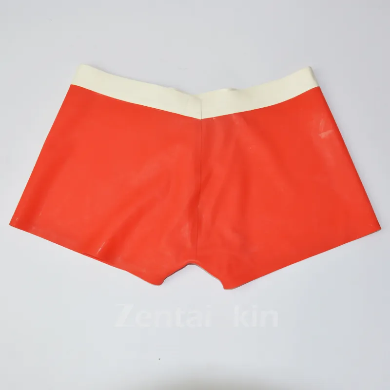 Second Skin Red Latex Panties White Trim Latex Shorts Front Zipper Button Latex Underwear with Cod piece