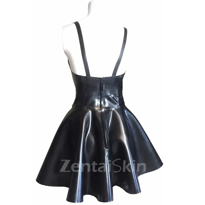 Female Natural Latex Dress Exotic Dancewear Sexy Fetish Second Skin Pleated Open Back Mini Latex Dress