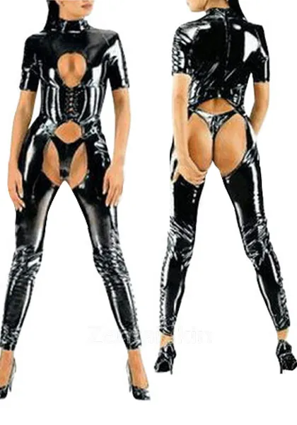 Sexy Cut Out Wet Look Skinsuit Shiny Black Crotchless Wetlook Unitard PVC Bodysuit Gimp Suit Halloween Catsuit Zentai Second-skin Clothing Customize for Women