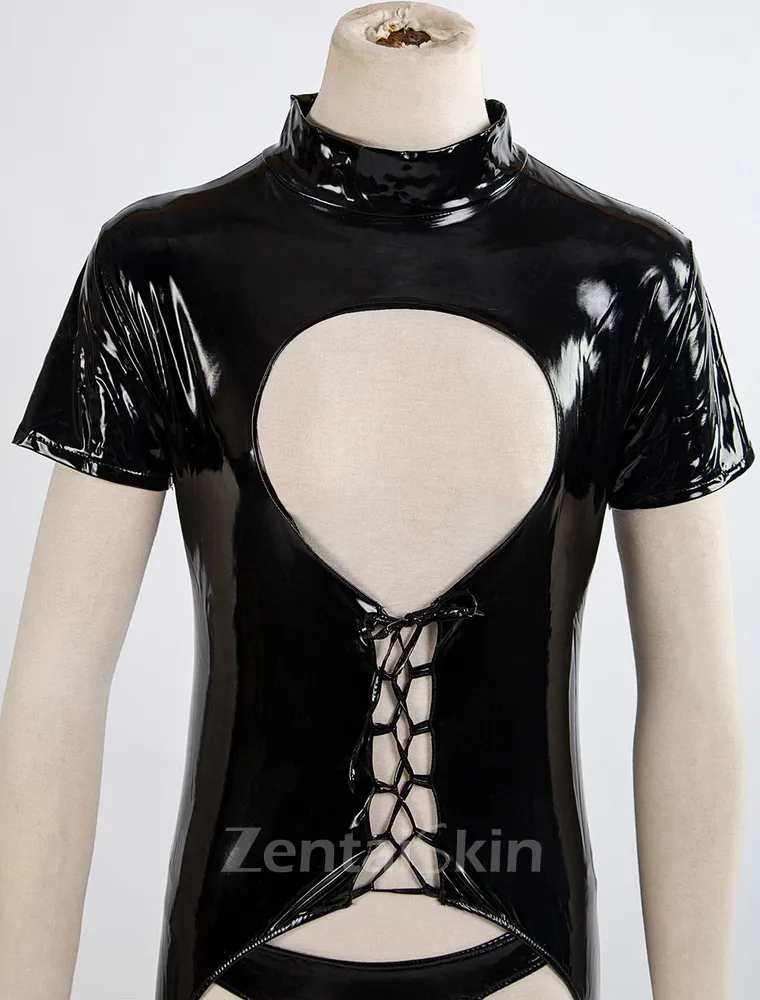 Sexy Cut Out Wet Look Skinsuit Shiny Black Crotchless Wetlook Unitard PVC Bodysuit Gimp Suit Halloween Catsuit Zentai Second-skin Clothing Customize for Women