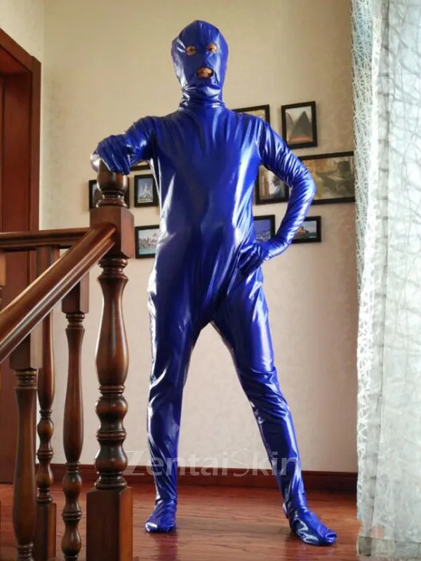 Blue Unisex Open Mouth Open Eyes Skinsuit Wetlook Unitard PVC Catsuit Zentai Second-skin Clothing Customize for Men and Women