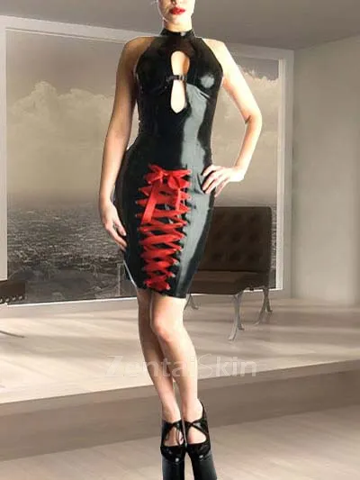 Second Skin Women Natural Latex Open Bust Front Lace Tie Black Latex Dress