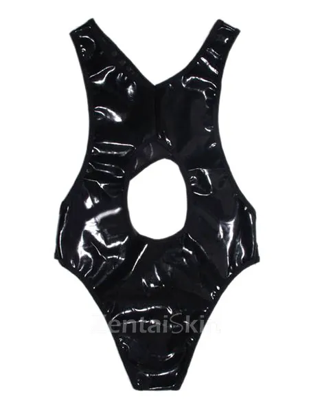 Second Skin Men Black Hollow Out Tights Spandex Wet Look Leotard Shiny Metallic Bodysuit