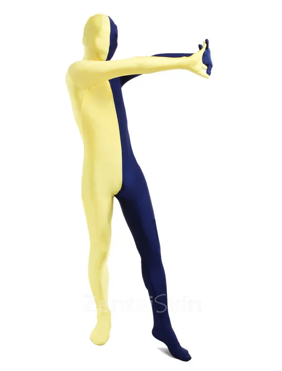 Yellow and Navy Unisex Second Skin Full Body Lycra Spandex Zentai Catsuit Skinsuit