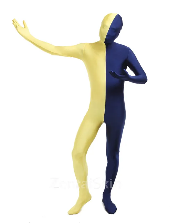 Yellow and Navy Unisex Second Skin Full Body Lycra Spandex Zentai Catsuit Skinsuit