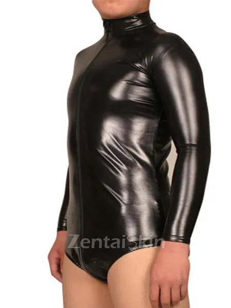Second Skin Black Long Sleeves Men Wet Look Shiny Metallic Leotard Bodysuit