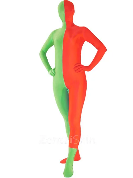 Halloween Green and Red Costume Split Lycra Zentai Catsuit Skinsuit Second-skin Clothing