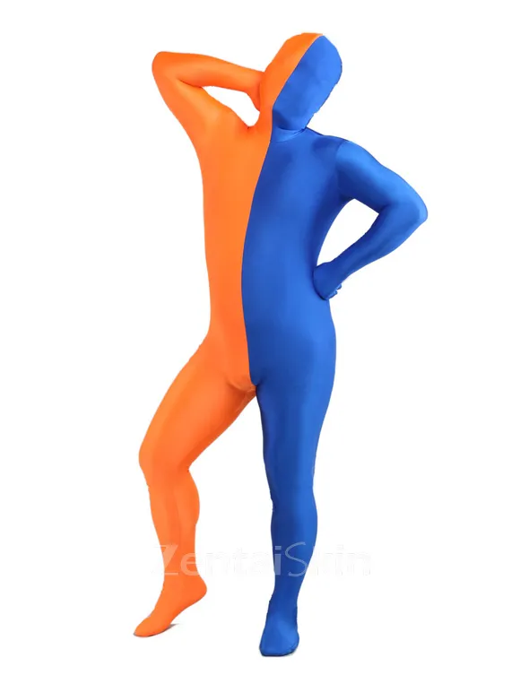 Orange Blue Split Second Skin Full Body Lycra Spandex Zentai Catsuit Skinsuit