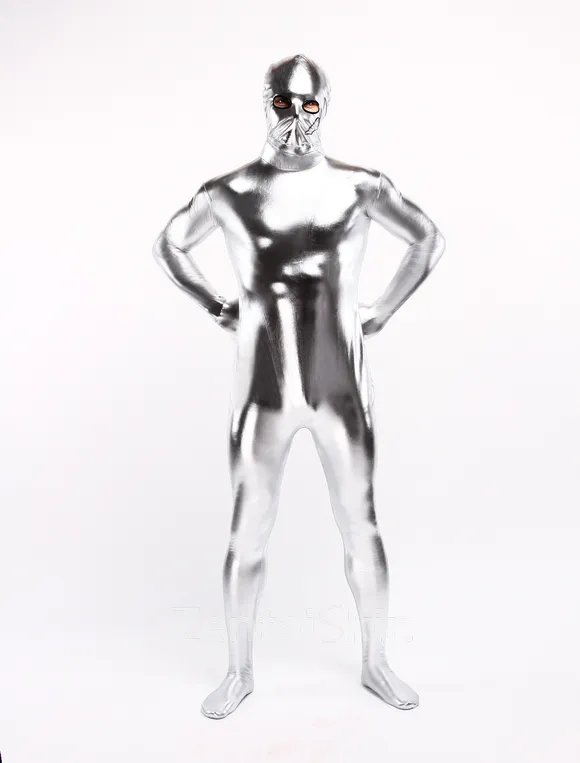Silver Second Skin Full Body Wet Look Shiny Metallic Zentai Catsuit Skinsuit