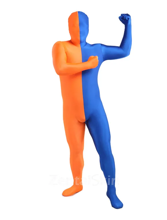 Orange Blue Split Second Skin Full Body Lycra Spandex Zentai Catsuit Skinsuit